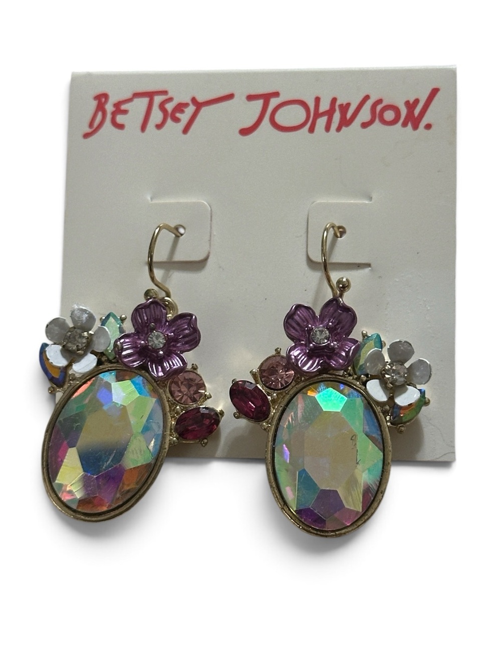 Betsey Johnson Iridescent Crystal Floral Drop Earrings NWOT